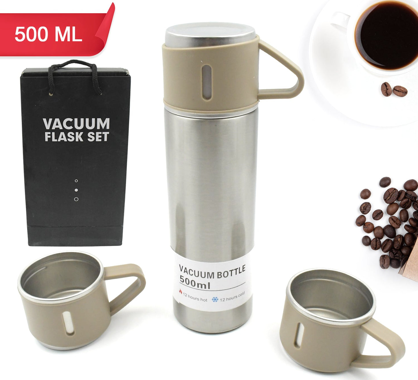 Premium Stainless Steel Vacuum Flask Gift Set (500ml) with 3 Steel Cups | Hot & Cold | Travel & Office Use