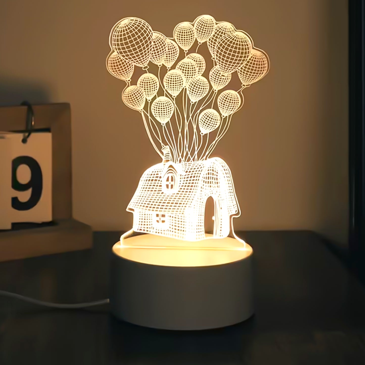3D Illusion LED Night Lamp – House & Balloons Design (1 Pc